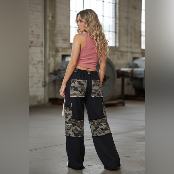 NWT POL Camo Camouflage Cargo Wide Leg Drawstring Casual Pants Black - Picture 6 of 7